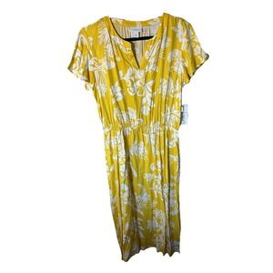 Women's Liz Claiborne Yellow Floral Blouson Midi Dress Size M Casual V Neck NWT